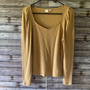 Gap Women's Long-Sleeved Top Size M Beige Ribbed Puff‎ Sleeve